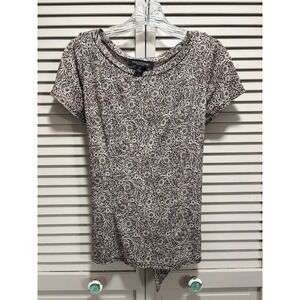 Perceptions Paisley Short Sleeve Round‎ Neck Tie Back Blouse Size 8 Brown Boho